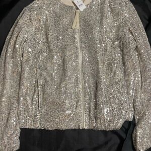 LOFT Champagne Sequin Bomber Jacket